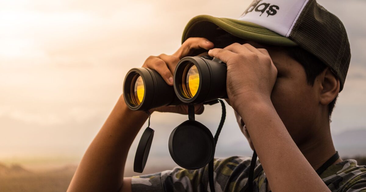 A person raising binoculars to scan the landscape at sunset
