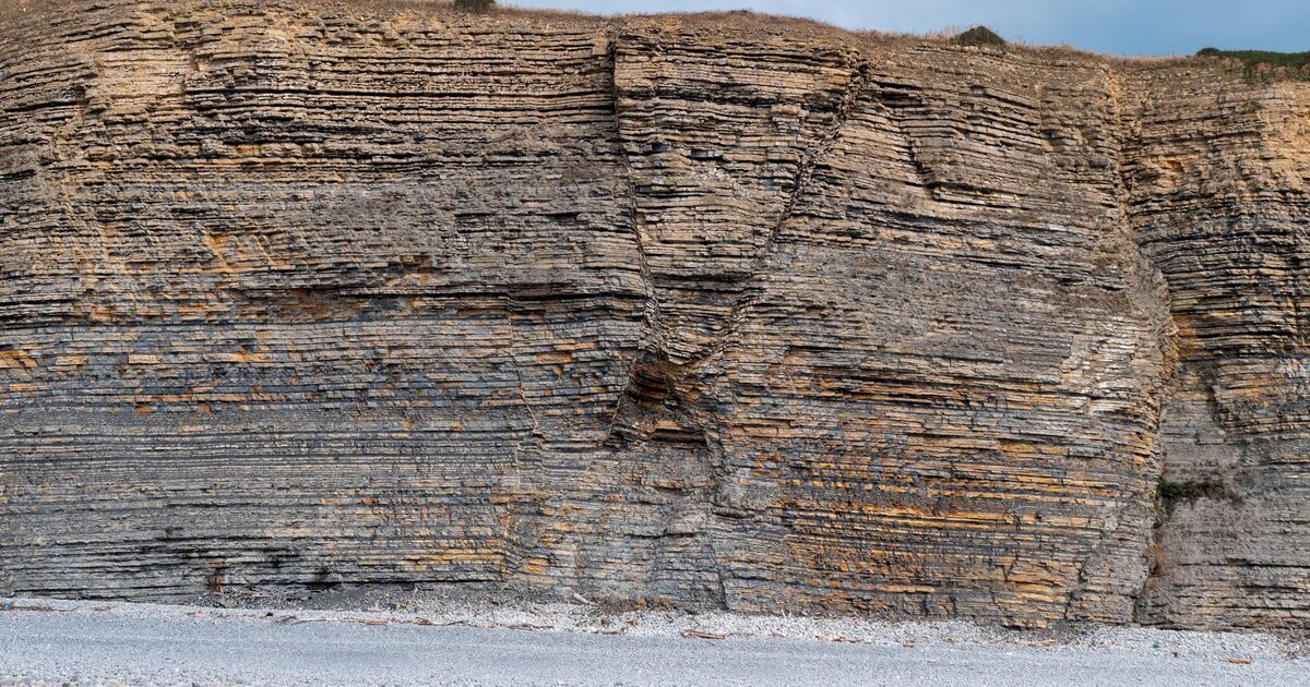 Sedimentary rock layers on a coastline, a natural structure built one visible layer at a time