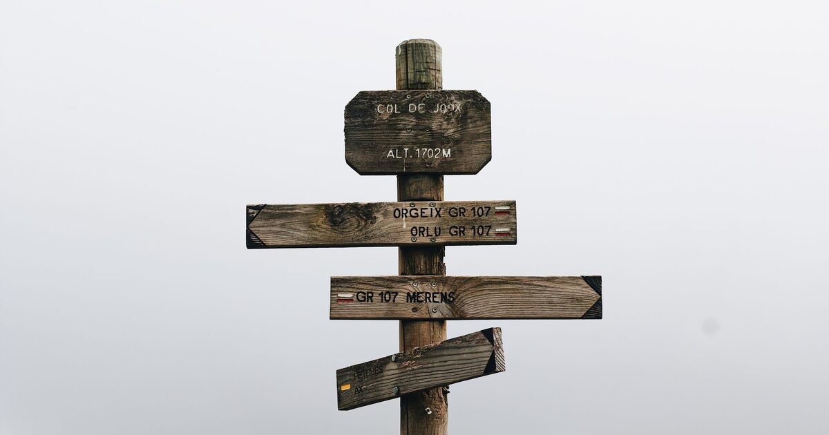 A weathered wooden signpost standing in fog, arms pointing in every direction