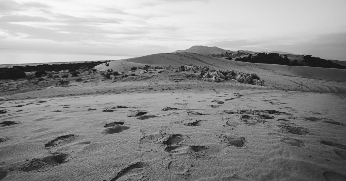 Footprints pressed across rippled sand, one step following another